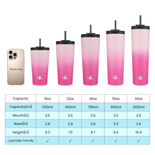 Konokyo 22 oz Insulated Tumbler Water Bottle with Straw Lid, Cherry | Stainless steel insulated tumbler for coffee, water and iced drinks; spill-proof lid, 2 straws, cup-holder friendly - color: Cherry, size: 22 Ounces