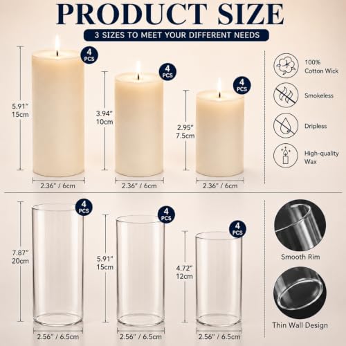 24 PCS Ivory White Pillar Candles and Glass Cylinder Vases Hurricane Glass Candle Holders for Pillar Candles Wedding Centerpieces, Party, Event, Home Office Decor(12 Candles+12 Candle Hoders)