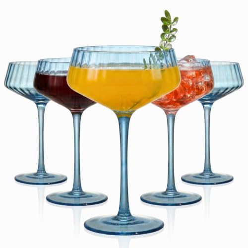 6 Pcs Blue Martini Glasses Set, Ribbed Coupe Glasses 8 oz, Cute Espresso Vintage Martini Glass & Champagne Coupe Glass, Elegant Bar Glassware for Cocktails, Outdoor Entertaining, Wine, Gifts - color: Blue, size: Round