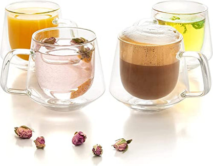 Moss & Stone Set of 4 Double Wall Glass Cup Clear Mug, Double Walled Coffee Mugs 7.5 Oz, Glass Tea Mugs, Insulated Coffee Mug With Handle. - style: 4 Cups
