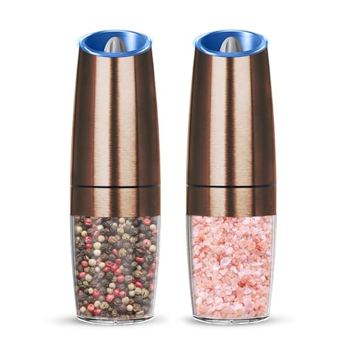 Battery Gravity Salt Pepper Grinder Set, 2 Pack (Copper) | Gravity Automatic Grinder With LED Light & Adjustable Roughness, Each Requires 6 AAA Batteries For Kitchen Daily Seasoning - color: Battery/Set/Copper