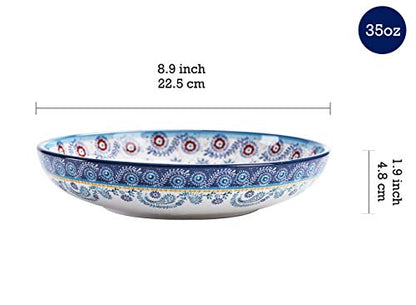 Bico Blue Talavera Pasta Bowls, 35oz Salad Bowl Set of 4, Large Ceramic Serving Dinner Bowls for Soup and Cereal, Microwave and Dishwasher Safe, Gift for Housewarming and Thanksgiving - color: Blue Talavera