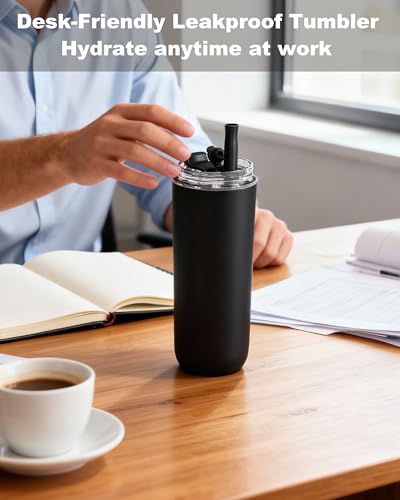 16 oz Insulated Coffee Tumblers, Travel Coffee Tumblers with Straw (Black) | Double-Wall Stainless Steel Tumbler, Leak Proof Tumbler, Reusable Cups with Lids for lced and Hot Drinks - color: 16-Black, size: 16 Ounces