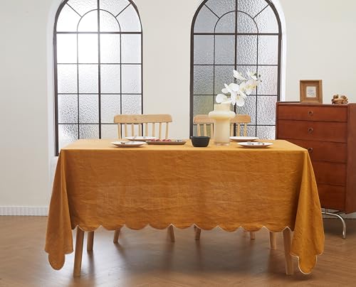 100% French Flax Linen Scalloped Embroidery Rectangle Tablecloths 104Lx60W Inch for Dinners, Parties, Spring, Machine Washable, 8-10 Sets, 60''x104'', Rust(Edges-Gold) - color: Rust(edges-gold), size: 104" x 60" (Rectangular)
