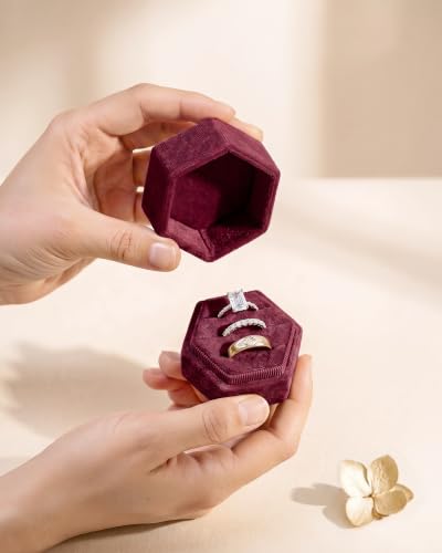 Velvet Jewelry Ring Box, 3 Slots Hexagon Engagement Wedding Ring Holder for Wedding Ceremony Proposal - color: Retro Red