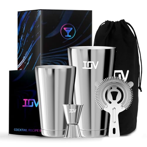 IOV Boston Cocktail Shaker Bar Set, Bartender Kit Drink Mixer Set with 18 oz & 28 oz Boston Shakers, Hawthorne Strainer, Double Jigger, Bar Tool Kit and Recipe Booklet - Silver - color: 3 Pcs - Silver