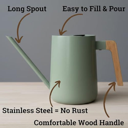 Metal Small Indoor Watering Can with Long Spout & Real Wood Handle, 35oz | Long Spout, Stainless Steel, Real Wood Handle, Gentle Flow, No Spills, Suitable for House Plants, Succulents & Seedlings - color: Sage Green