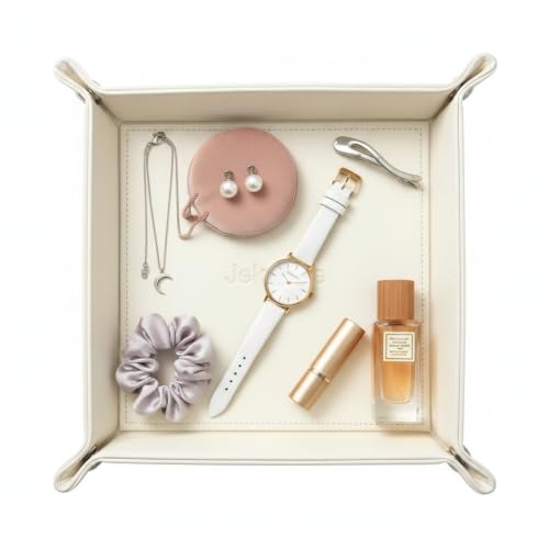 Vanity Tray for Perfume,Faux Leather Dresser Organizer,White | Structured square tray for perfume, jewelry, keys, remotes and daily essentials on vanities, nightstands or entryway tables. - color: White