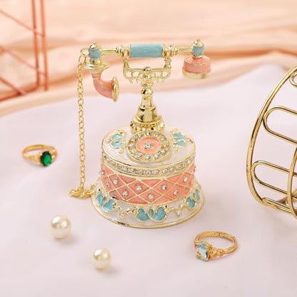 QIFU Hand Painted Pink Telephone Style Enamel Trinket Box Hinged, Unique Small Jewelry Box to Store Your Jewelry in Style - style: Telephone