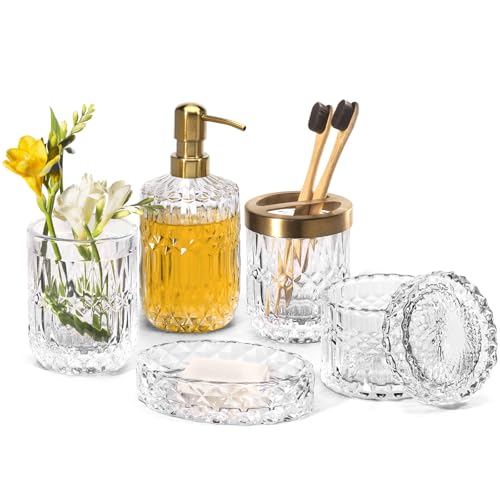 EMPO 6PCS Bathroom Clear Glass Accessories Set (Lotion Soap Dispenser, Soap Dish, Toothbrush Holder, Tumbler, Cotton Swab Jar), Contemporary Modern Decor Crystal Vintage Gift (6pcs Clear) - style: 6pcs Clear