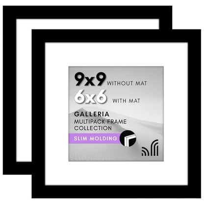 Americanflat 9x9 Picture Frame 2-Pack - Matted to 6x6 - Black | Slim Molding construction, Polished plexiglass front, wall or tabletop display with included easel, triangle hangers included - color: Black, size: 9x9