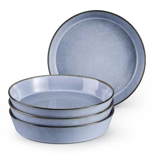 E-far Pasta Bowls, 34oz Stoneware Bowl Plate for Dinner Serving Soup Salad, Wide & Shallow Large Ceramic Pasta Plate Set of 4, Microwave & Dishwasher Safe, Reactive Glaze with Rim, Ocean Blue - color: Ocean Blue
