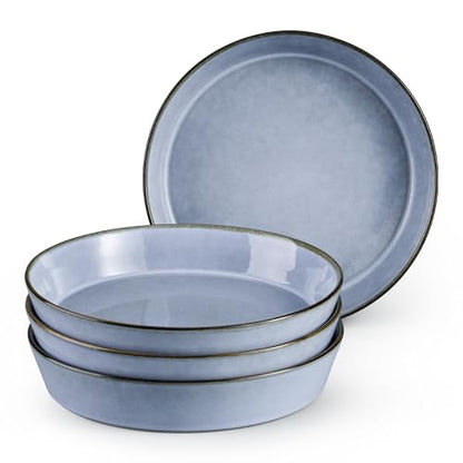 E-far Pasta Bowls, 34oz Stoneware Bowl Plate for Dinner Serving Soup Salad, Wide & Shallow Large Ceramic Pasta Plate Set of 4, Microwave & Dishwasher Safe, Reactive Glaze with Rim, Ocean Blue - color: Ocean Blue