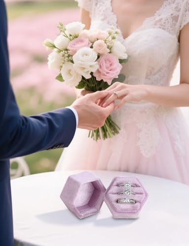 MFXIP Velvet 3 Slots Jewelry Ring Box Engagement Wedding Box Keepsake Box Bridal Photo Ring Triple Slots Hexagon - color: Light Purple