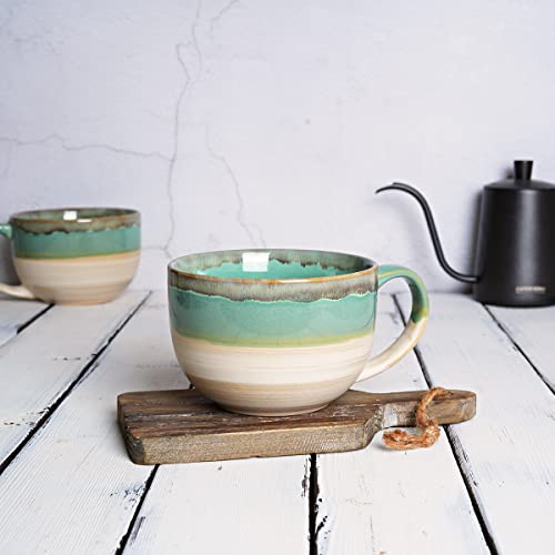 Ceramic Jumbo Coffee Mug Set of 2, 23 Oz, Large Mug Soup Bowls with Handles, Dishwasher and Microwave Safe (Green) - color: Green