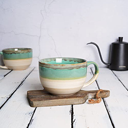 Ceramic Jumbo Coffee Mug Set of 2, 23 Oz, Large Mug Soup Bowls with Handles, Dishwasher and Microwave Safe (Green) - color: Green