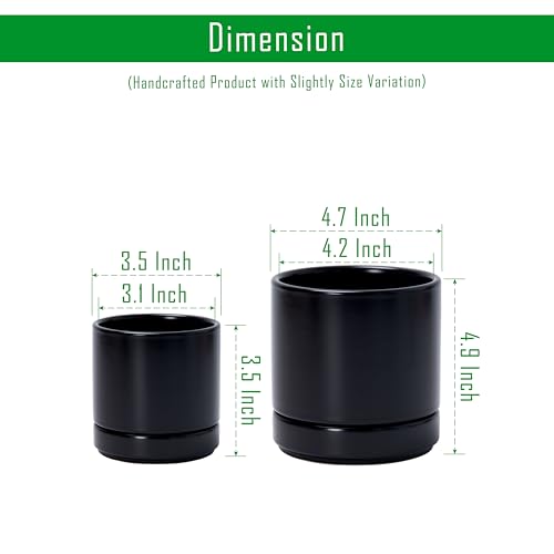 D'vine Dev 2-Pack Ceramic Pots & Saucers, Black, 3.5/4.7 in, 94-G-XS-2 | Glazed Ceramic, Drainage Hole, Perfect-Fit Saucer, Sleek Cylinder Shape, High Temperature Fired, Elegant Home Accent - color: Black, size: X-Small