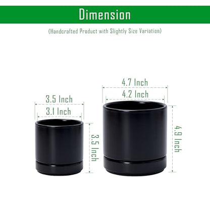D'vine Dev 2-Pack Ceramic Pots & Saucers, Black, 3.5/4.7 in, 94-G-XS-2 | Glazed Ceramic, Drainage Hole, Perfect-Fit Saucer, Sleek Cylinder Shape, High Temperature Fired, Elegant Home Accent - color: Black, size: X-Small
