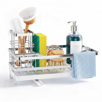 Sponge Holder for Kitchen Sink, Self-draining Sink Caddy with Towel Rack and Brush Holder, Metal Kitchen Countertop Organizers and Storage Essentials, Silver - color: Silver