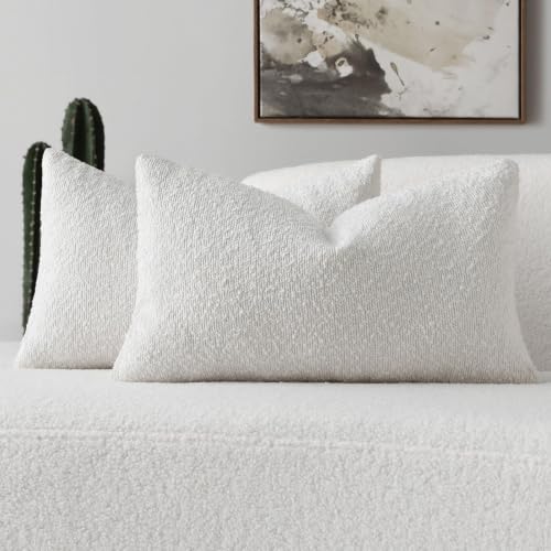 FUTEI Pack of 2 Boucle Textured Throw Pillow Covers 12x20 Inch, White | Decorative Textured Neutral Pillow Covers, Machine Washable, Colorfast,Accent Solid Couch Throw Pillows Sofa Bed Living Room - color: White, size: 20" x 12" (Pack of 2)