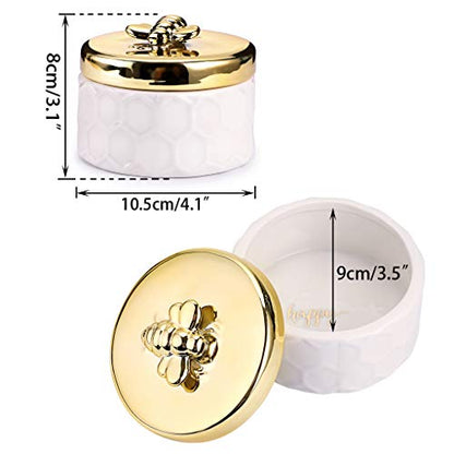 Hipiwe Ceramics Jewelry Box with Golden Bee Lid - Small Jewelry Display Organizer Holder Trinket Storage Tank Container for Home Decor,Gift for Women