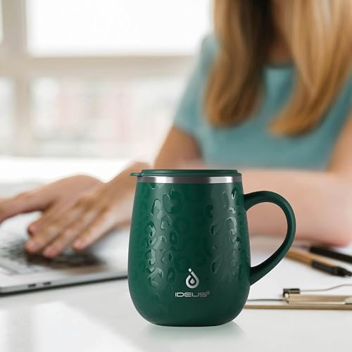 Ideus 16 oz Insulated Coffee Mug with Handle and Lid, Double Wall Stainless Steel Vacuum Thermal Coffee Mug, Travel Coffee Cup Thermal Cup for Home and Office (Leopard Green, FUJI DAWN) - color: Leopard Green