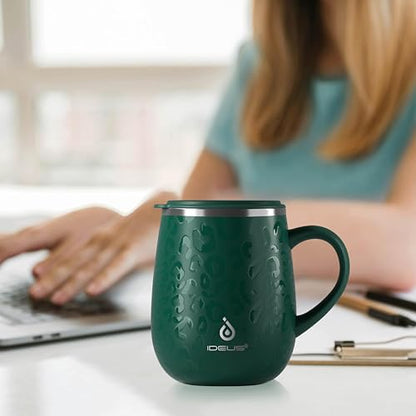 Ideus 16 oz Insulated Coffee Mug with Handle and Lid, Double Wall Stainless Steel Vacuum Thermal Coffee Mug, Travel Coffee Cup Thermal Cup for Home and Office (Leopard Green, FUJI DAWN) - color: Leopard Green