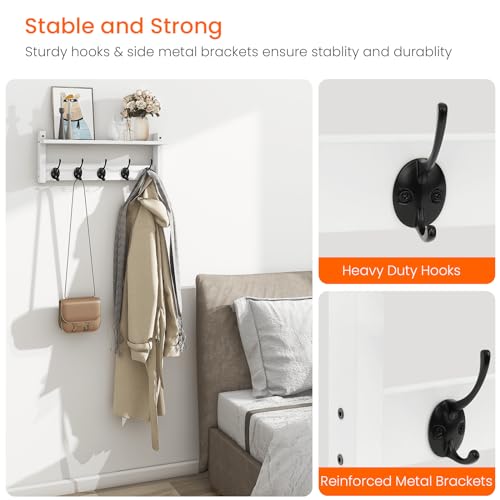 Wall Shelf with Hooks, Coat Rack Wall Mount with Pegs, Hanging Entryway Coat Hanger, Wood and Iron Shelf for Bathroom, Hallway, Bedroom, White - color: White, size: 17.1 Inch Long