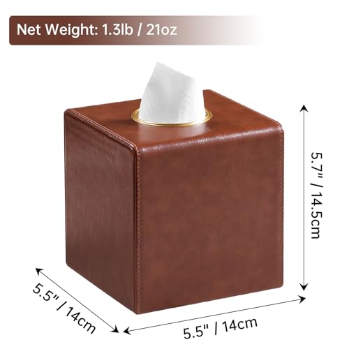 Square Tissue Box Cover with Magnetic Closure, Brown | Luxury PU Leather Tissue Holder with Gold Tone Metal Opening, Fits All Standard Cube Tissue Boxes - color: Brown