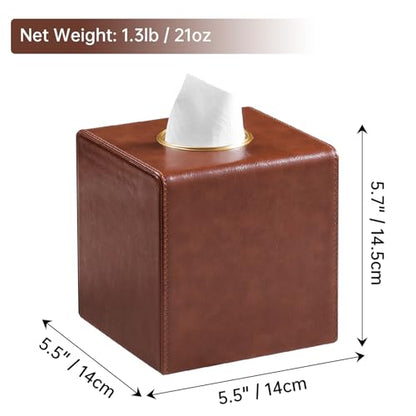 Square Tissue Box Cover with Magnetic Closure, Brown | Luxury PU Leather Tissue Holder with Gold Tone Metal Opening, Fits All Standard Cube Tissue Boxes - color: Brown