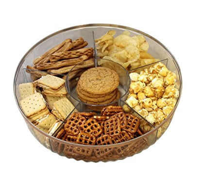 Clear Divided Snack Serving Tray with Lid – 6-Compartment Party Platter with Rose Gold Accent Lines for Candy, Fruit, Nuts, Chips, Appetizers & Desserts
