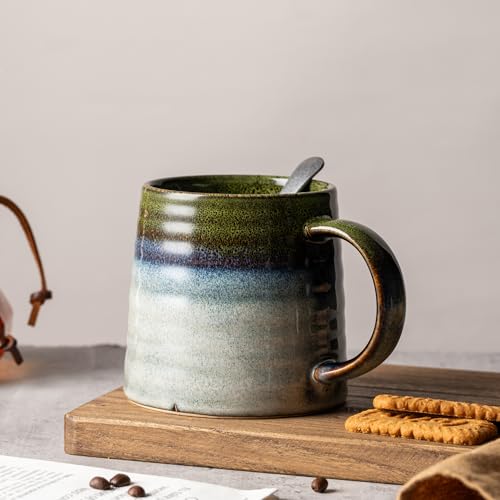 15.5oz Large Heavyweight Ceramic Mug, Reactive (Light Green) | 15.5oz Medium-Large, Heavy Weighted Stoneware, Reactive Transmutation Glaze, Microwave & Dishwasher Safe, Gift Box - color: Light Green