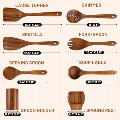 Unokit Cooking Utensils Set for Kitchen - 8 Piece Nonstick Natural Teak Wooden Spoons for Cooking, Comfort Grip Kitchen Utensils Set, Teak Wooden Utensil Set with Holder and Spoon Rest