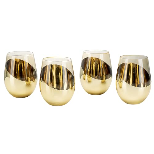 MyGift 18 oz Amber Brown Stemless Wine Glasses, Brass Accent, Set of 4 | Angled brass accents and amber glass create a retro-inspired look for cocktails, wine, dinners, and special occasions - color: Amber / Gold-4