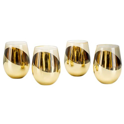 MyGift 18 oz Amber Brown Stemless Wine Glasses, Brass Accent, Set of 4 | Angled brass accents and amber glass create a retro-inspired look for cocktails, wine, dinners, and special occasions - color: Amber / Gold-4