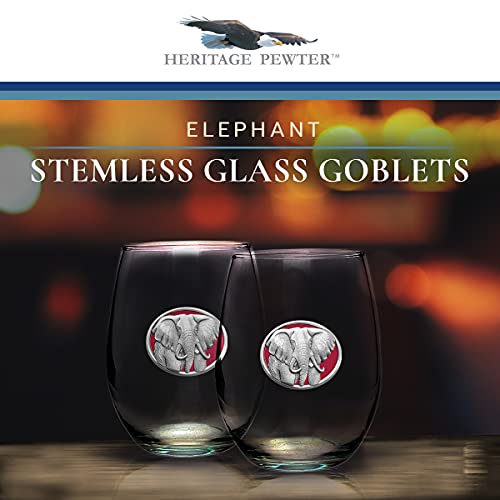 Heritage Pewter Elephant Stemless Glass Goblets – Set of 2 | 15 OZ Goblet Wine Glasses | Expertly Crafted Pewter Glass - style: ELEPHANT,RED