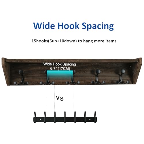 WEBI Wall Shelf with Hooks Underneath,35" Long Wall Mounted Coat Rack with Shelf,Entryway Coat Rack with 5 Triple Hooks for Hanging Coats,Jacket,Hallway,Bedroom,Mudroom,Weathered Brown - color: Weathered Brown, size: 35 Inch