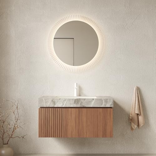 36" Floating Bathroom Vanity with Sink, MURI Wall Mounted Plywood Cabinet, Sintered Stone Countertop, Ceramic Basin with 1 Faucet Hole, Drawer & Door Storage, Pre-Assembled, Light Gray Top Brown Oak - color: Brown Oak,light Gray Top, size: 36"+Light Gray