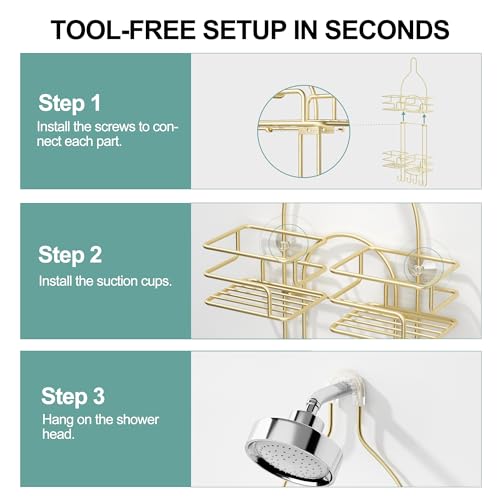 SRIWATANA Shower Caddy Hanging, Shower Organizer with Razor Hooks, Gold | Rustproof Shower Rack, No Drilling Shelves Over Shower Head, Anti-Swing Scution Install, Bathroom Holder for Sponge Loofah - color: Gold