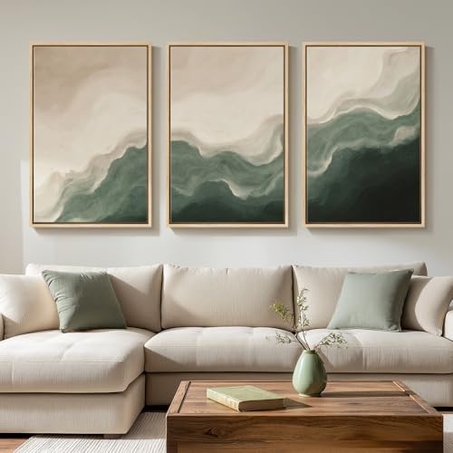 Large Framed Green Beige Abstract Wall Art for Living Room, 3 Piece 24x36 | Modern neutral pictures, Canvas prints, Minimalist paintings, Artwork for walls, Wall decor for bedroom dining room hallway - color: Serene Tides, size: 24" W x 36" H x 3pcs