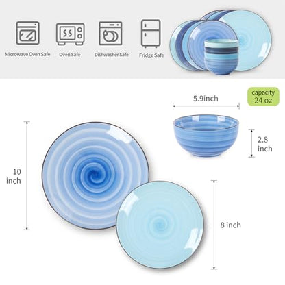 Selamica Ceramic Dinnerware Sets, 12 Pieces Plates and Bowls Sets, Scratch Resistant Dishes Set for 4, Handpainted Swirl Dishware Sets with Spray Black Dots, Dishwasher&Microwave Safe, Gradient Blue - color: Gradient Blue, size: 12 Pieces