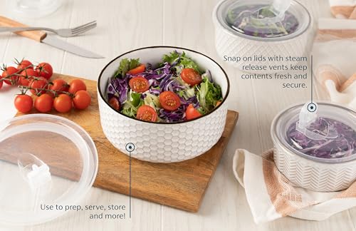 KooK Serving Bowls, with Lids, Ceramic Nesting Bowls, Set of 4, Embossed, Kitchen, Prep, Stackable, Gift, Microwave and Dishwasher Safe, 16/29/47/70 oz, Narbonne Collection (Ivory) - size: 70 Oz