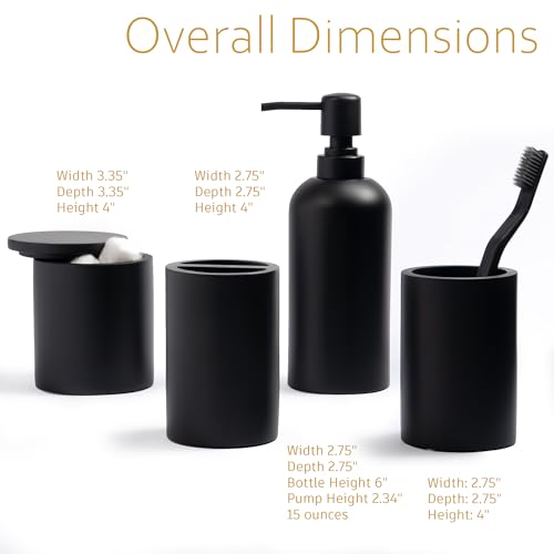 Bathroom Accessory Set - 4 Pcs Matte Black Bathroom Set with Toothbrush Holder, Soap Dispenser, Tumbler & Cotton Swab Jar - Bathroom Vanity Countertop Organizer, Bathroom Decor Sets