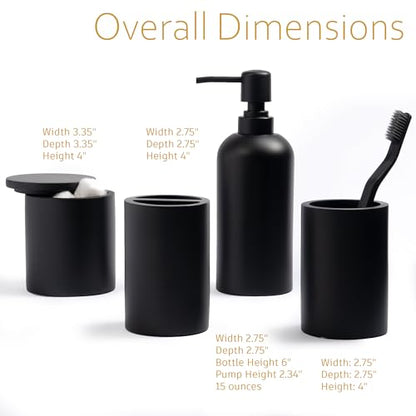 Bathroom Accessory Set - 4 Pcs Matte Black Bathroom Set with Toothbrush Holder, Soap Dispenser, Tumbler & Cotton Swab Jar - Bathroom Vanity Countertop Organizer, Bathroom Decor Sets