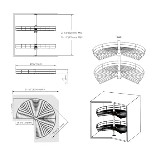 Dowell Base Cabinet Kidney Shape Dia.28 270° Lazy Susan, 2 Shelves, Kitchen Base Corner Cabinet Organizer (Chrome 4001 270 28) - size: Base Cabinet Kidney Shape Dia.28" 270°