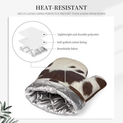 Cow Print Oven Mitts and Pot Holders Set Silicone Heat Resistant Brown Cowhide Western Farmhouse Kitchen Gloves Set Cow Print Kitchen Mittens Pot Holders for BBQ Cooking Baking Grilling - color: Brown