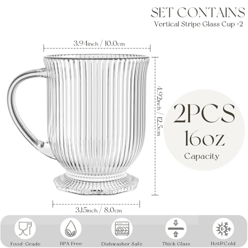 KEMORELA 16oz Ribbed Glass Coffee Mugs Set,Large Glass Mugs with Handle | 2-pack,Clear Thick glass,Wide base,Microwaves,Dishwasher safe,For Ice Coffee,Americano,Latte,Tea,Juice,Hot/Cold Beverages - color: Ribbed-2PCS