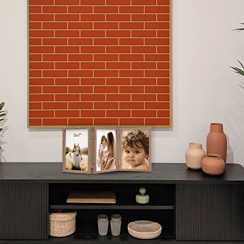 WUTL 3 Picture Frame Triple Collage 5x7 Frames with Real Glass Wood Grain | Trifold Photo Frame, Hinged Foldable, Crystal Clear Real Glass - color: Wood Grain, size: 5x7