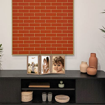 WUTL 3 Picture Frame Triple Collage 5x7 Frames with Real Glass Wood Grain | Trifold Photo Frame, Hinged Foldable, Crystal Clear Real Glass - color: Wood Grain, size: 5x7