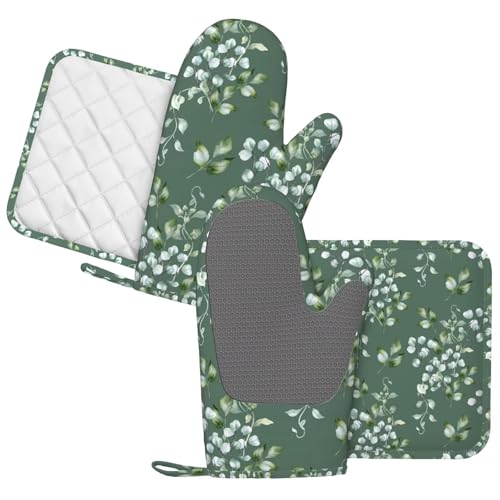 Sage Green Eucalyptus Oven Mitts and Pot Holders Sets for Kitchen Silicone Watercolor Leaves Branches and Holly Leaves Oven Gloves Oven Mitts with 2 Non-Slip Pads Kitchen Gloves for Cooking - color: Sage Green